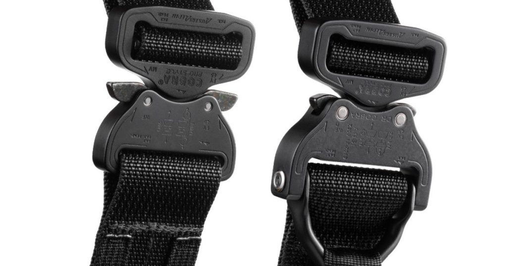 A close up of the belt buckle on the Blue Alpha Battle Belt MOLLE in black.